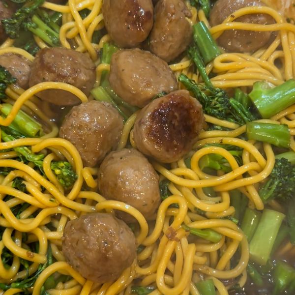 4 Ingredient Hoisin Meatballs and Noodles served