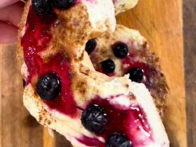 Air Fryer Blueberry Cheesecake Bagel served