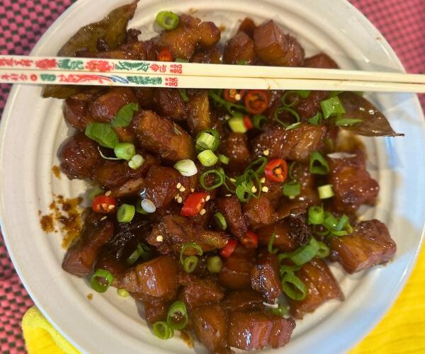 Braised Pork Belly plated and served