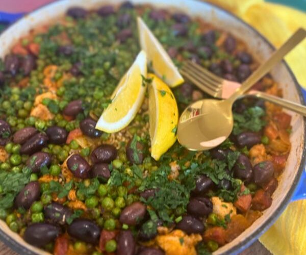 Chicken and Chorizo Paella in serving dish