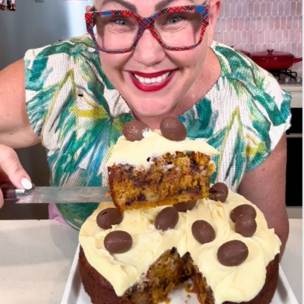 chocolate chip carrot cake sliced