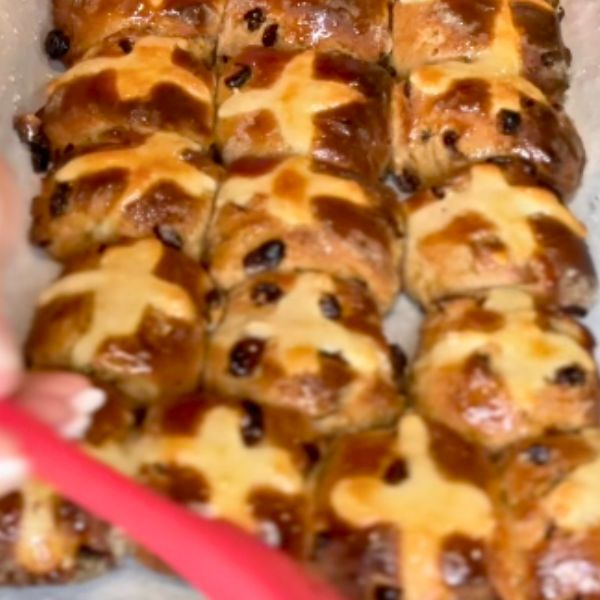 Hot Cross Buns cooking Hot Cross Buns cooking on tray