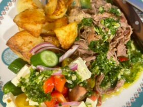 Roast Lamb with Chimichurri Sauce served on plate