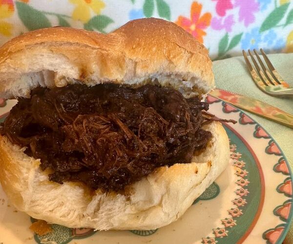 Slow Cooked Pulled Beef plated on plate