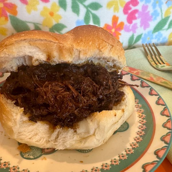 Slow Cooked Pulled Beef plated on plate