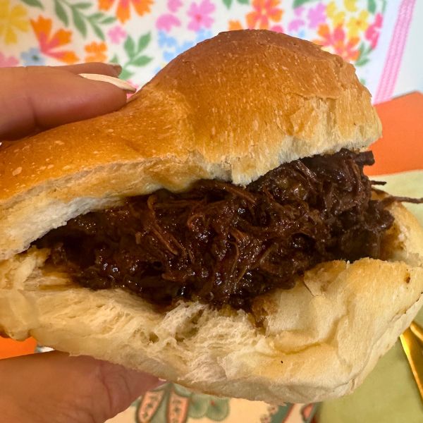 Slow Cooked Pulled Beef holding on roll