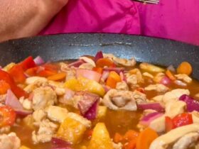 Sweet and Sour Chicken cooking in pan