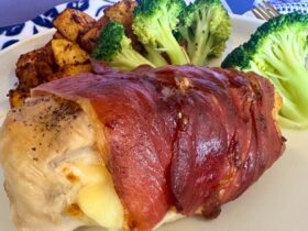 Air Fryer Prosciutto Wrapped Chicken served on plate