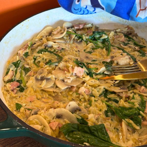 Creamy Mushroom and Bacon Risoni cooked in pan