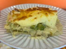 chicken and broccoli lasagna on plate