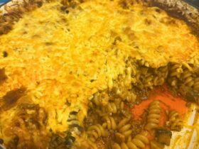 Beef Stroganoff Pasta Bake in dish and cooked