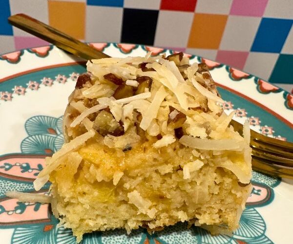 Retro do nothing cake sliced and served on plate