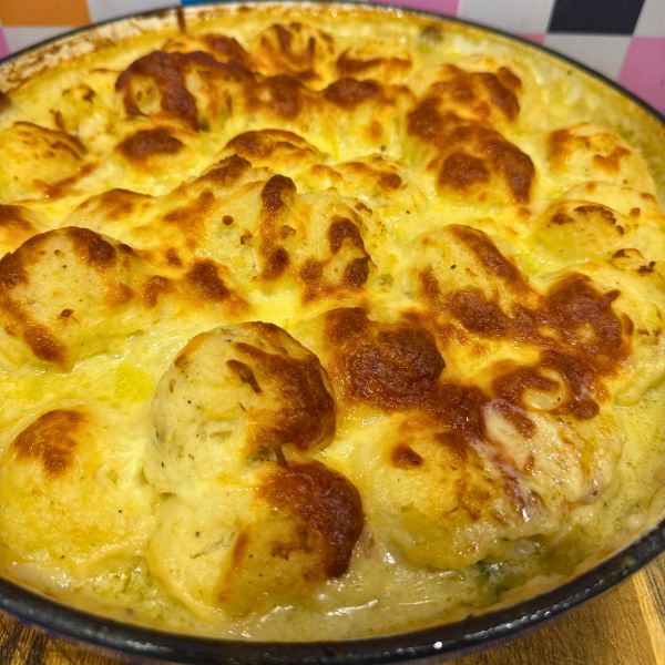 Chicken Bacon and Leek Potato Pie cooked and served in pot