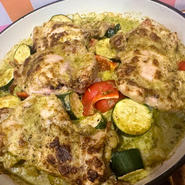 Pesto Chicken and Potatoes Pesto Chicken and Potatoes cooked and in dish