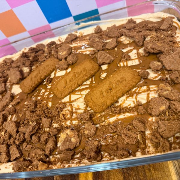 Biscoff Tiramisu Cheesecake baked in dish