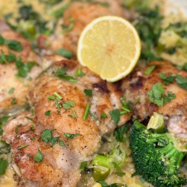 Chicken and Broccoli Risoni cooked with a lemon in the centre