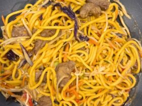 Peanut Butter Beef Noodles cooked in wok