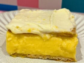 Vanilla Slice sliced and on a plate