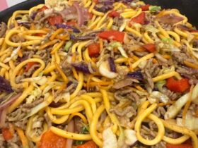 Beef Hoisin Noodles Beef Hoisin Noodles cooked and in pan