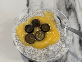 Easy microwave lemon curd over a chia seed pudding in a glass bowl