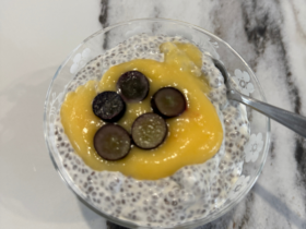 Easy chia seed pudding topped with lemon curd.