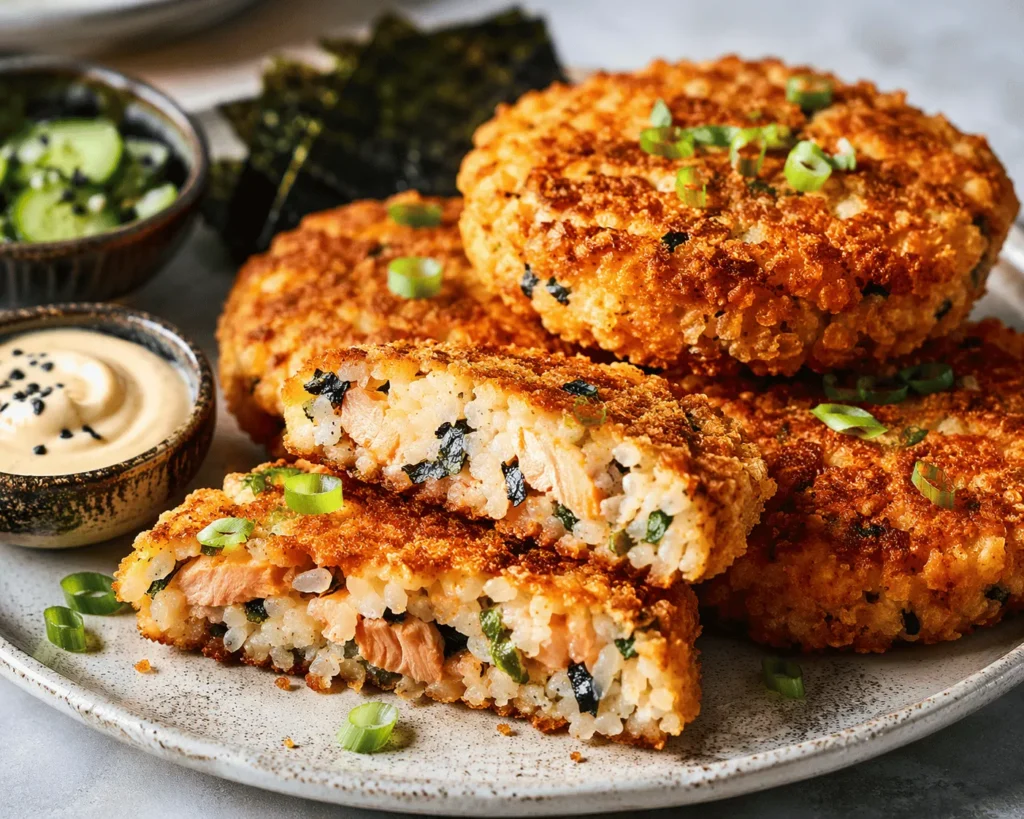 Crispy air fryer sushi salmon burgers on a plate