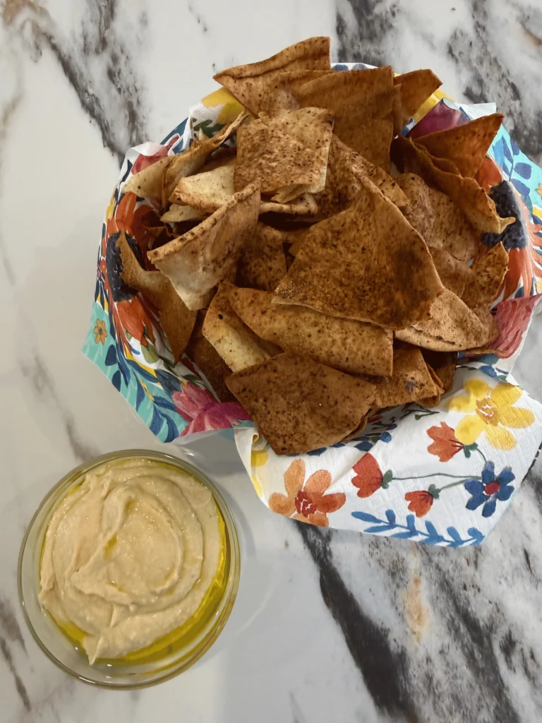 Golden crispy Lebanese bread chips in a bowl