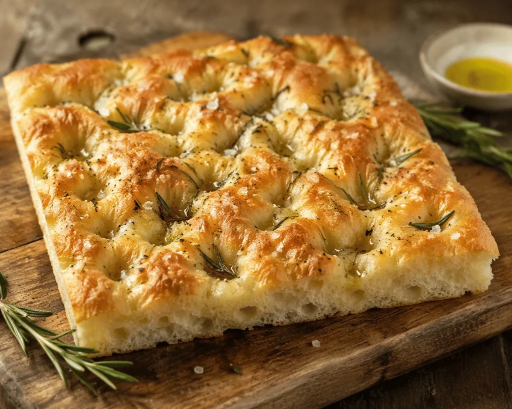 Golden no-knead focaccia in a baking tray