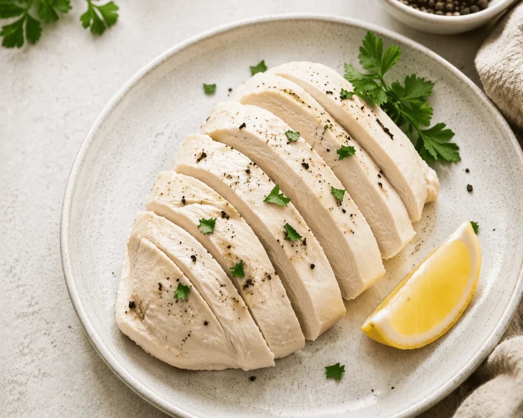 Sliced juicy chicken breast cooked with lemon and herbs